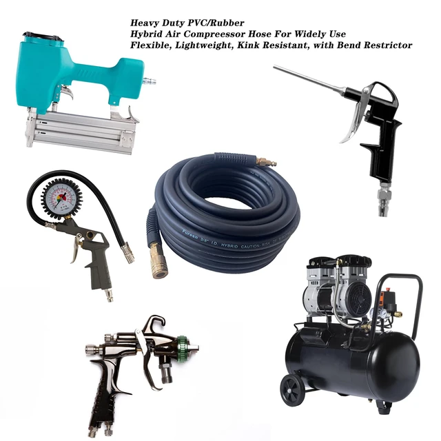 Alt view image 5 of 6 - Air Hose 3/8 in x 100 ft, Heavy Duty, Lightweight, Kink Resistant, Hybrid Air Compressor Hose with 1/4 in Solid Brass Male Fittings, Bend Restrictors, 300 PSI (100FT, Black)