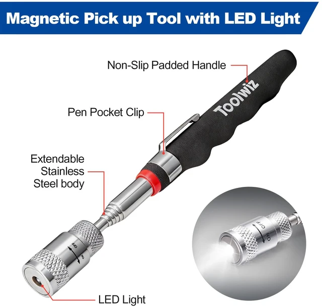 Alt view image 5 of 7 - 15" Rolling Magnetic Sweeper with LED Telescopic Pick Up Tool 10lbs Capacity, 8 lbs Telescopic Magnetic Pick Up Tool with LED Light, Telescoping Holder, For Construction