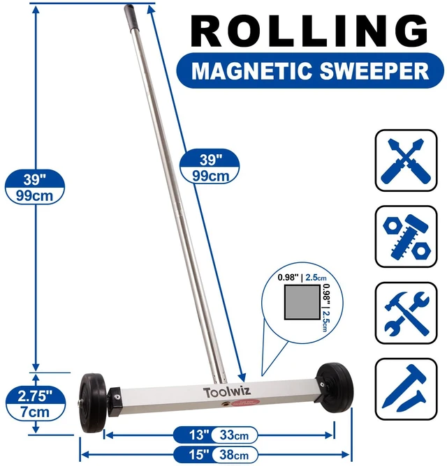 Alt view image 6 of 7 - 15" Rolling Magnetic Sweeper with LED Telescopic Pick Up Tool 10lbs Capacity, 8 lbs Telescopic Magnetic Pick Up Tool with LED Light, Telescoping Holder, For Construction