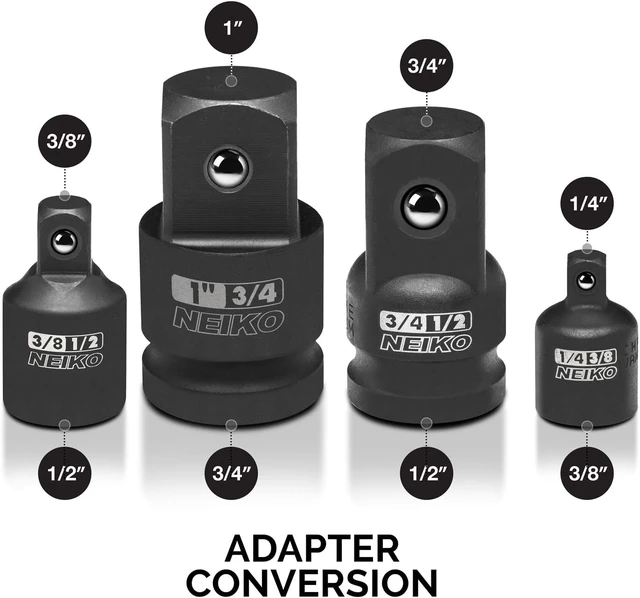 Alt view image 4 of 7 - 30223A 8 PC Impact Socket Adapter Set, Standard SAE Size, Cr-V Steel, Impact Driver & Wrench Conversion Kit, Locking Impact Socket Adapters & Reducer Set, Ball Detent, 1/4, 3/8, 1/2", 3/4, 1