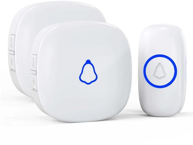 Main image of Wireless Doorbell, Mini Door Bell with 58 Chimes 5 Volume Levels, 1 Waterproof Button 2 Plug in Receiver, White Doorbell with Led Blue light for Home/Classroom/Office