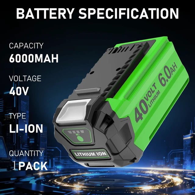Alt view image 2 of 7 - 1 Pack 6.0Ah 29472 Replacement for Greenworks 40 Volt Battery Lithium ion Compatible with Greenworks 40 Volt Battery 29252 20202 22262 25312 20642 22272 29462 29472 Tools (NOT for Gen 1) (Green)