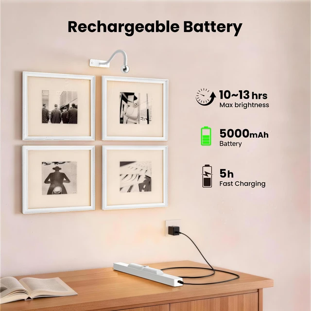 Alt view image 6 of 7 - Cordless White Picture Lights for Wall Artworks - Wireless Remote, 3 Modes Dimmable 350LM Above Frame Lighting, 5000mAh Rechargeable Battery Wall Mount for Photo, Gallery,Paintings,Dartboard(2-Pack)