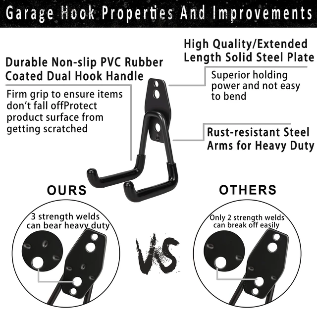 Alt view image 3 of 6 - Steel Garage Storage Hooks - 32 Pack Anti-Slip Coating, Heavy Duty Wall Mount Hooks for Hanging Bike, Ladder, Garden Tools