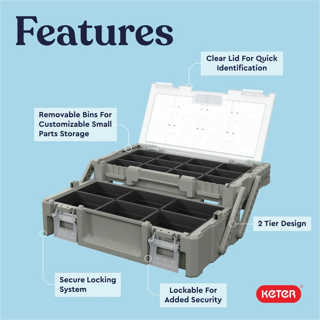 Alt view image 4 of 7 - 18" Camp & Trail Gear Organizer, Heavy-Duty Cantilever Storage Box Outdoor Equipment, Hunting, Fishing & Tool Storage, 18 Removable Compartments, Metal Latches, Clear Lid
