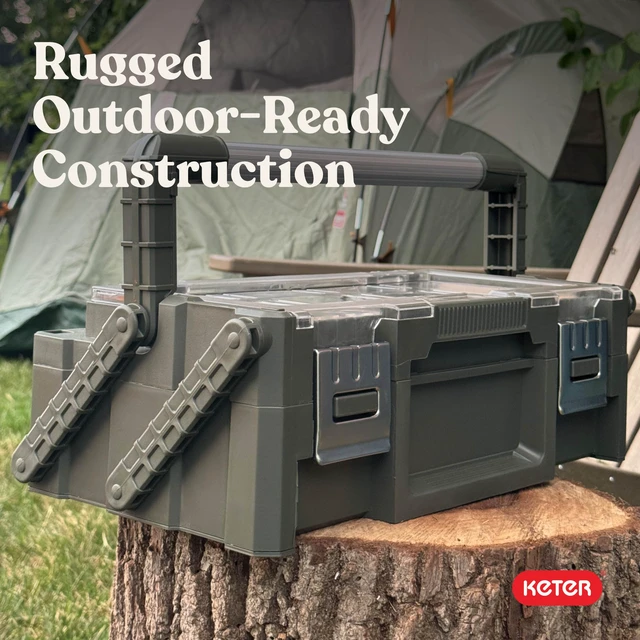 Alt view image 5 of 7 - 18" Camp & Trail Gear Organizer, Heavy-Duty Cantilever Storage Box Outdoor Equipment, Hunting, Fishing & Tool Storage, 18 Removable Compartments, Metal Latches, Clear Lid