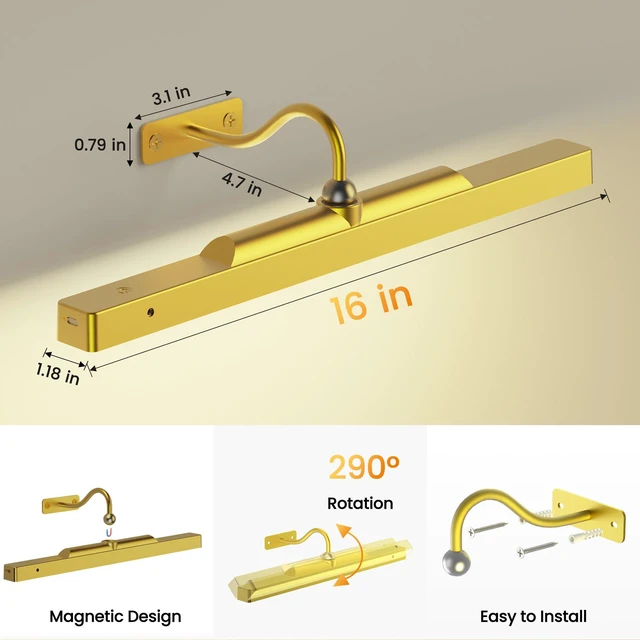 Alt view image 6 of 7 - Picture Light Gold 2Pack, 5000mAh Battery Opertated Cordless Picture Lights for Wall, 16in CCT Dimmable with Touch Control for Wall Painting,Frame, Portrait, Dartboard