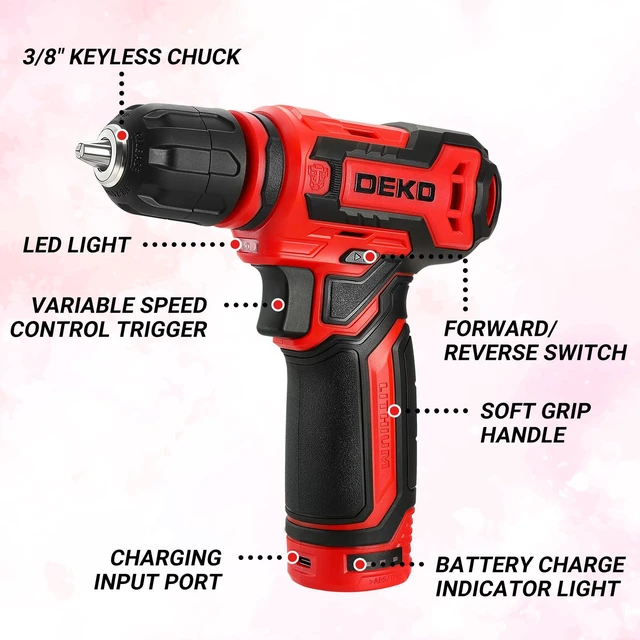 Alt view image 2 of 7 - Cordless Drill 12V Power Drill Set 800RPM Electric Drills Small Drills with 3/8-inch Keyless Chuck and Portable Tool Set Gift Box (Red)