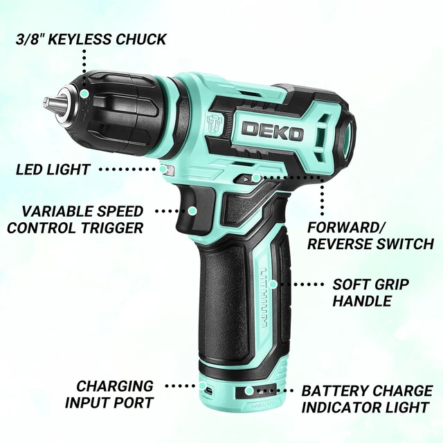 Alt view image 2 of 7 - Cordless Drill 12V Power Drill Set 800RPM Electric Drills Small Drills with 3/8-inch Keyless Chuck and Portable Tool Set Gift Box (Turquoise)