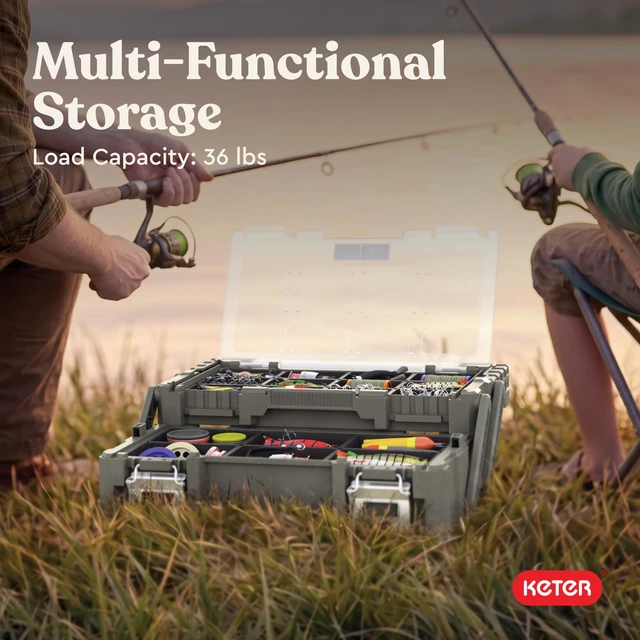 Alt view image 7 of 7 - 18" Camp & Trail Gear Organizer, Heavy-Duty Cantilever Storage Box Outdoor Equipment, Hunting, Fishing & Tool Storage, 18 Removable Compartments, Metal Latches, Clear Lid