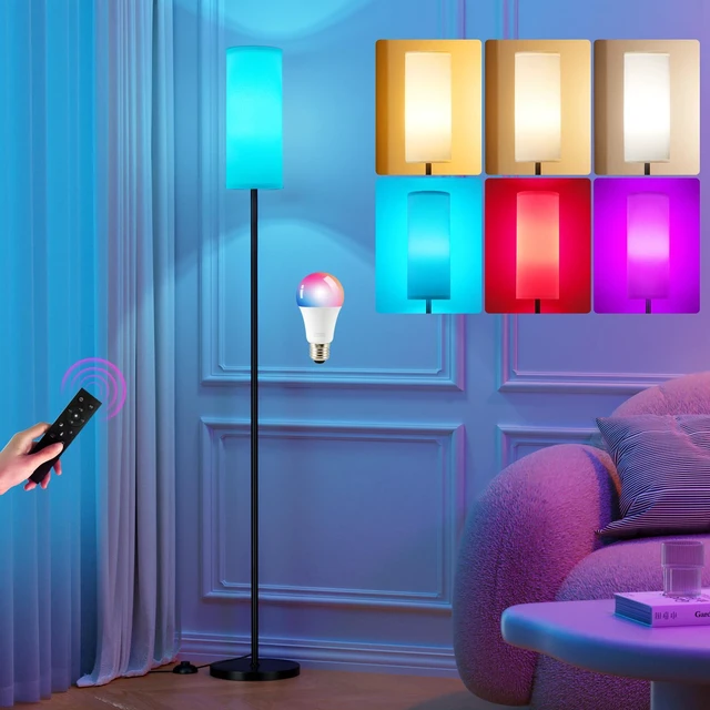 Main image of 64'' Floor Lamps for Living Room with Remote Control and RGB + Stepless Dimmable Colors Temperature & Brightness, 9W Smart Bulb Included(White Shade & Black Pole)