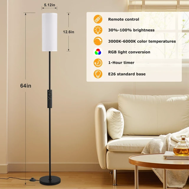 Alt view image 2 of 6 - 64'' Floor Lamps for Living Room with Remote Control and RGB + Stepless Dimmable Colors Temperature & Brightness, 9W Smart Bulb Included(White Shade & Black Pole)