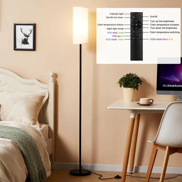 Alt view image 5 of 6 - 64'' Floor Lamps for Living Room with Remote Control and RGB + Stepless Dimmable Colors Temperature & Brightness, 9W Smart Bulb Included(White Shade & Black Pole)