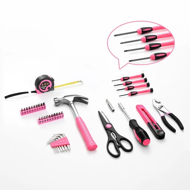 Alt view image 2 of 7 - 39-Piece Household Tool Set, Pink Tool Kit for Women with Toolbox All Purpose Basic Household Tool Set for Women, Small Tool Kit with Toolbox, for Home, Garage, Office, College Dormitory Use