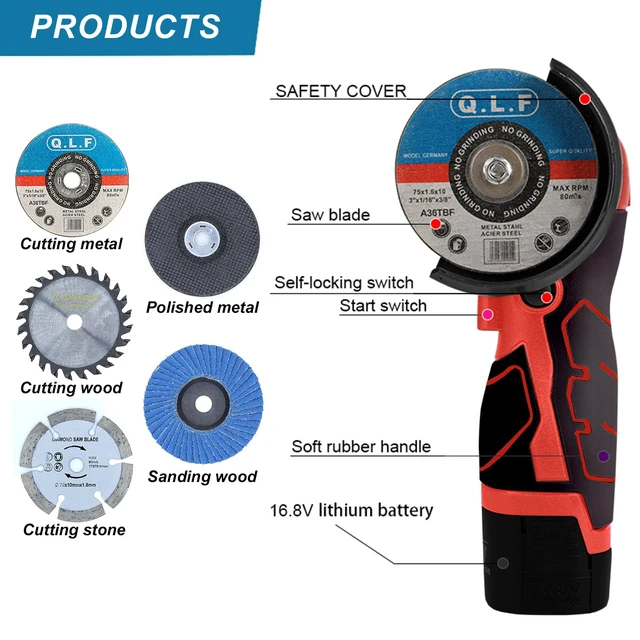Alt view image 4 of 7 - Cordless Angle Grinder Kit 19500RPM Mini Electric Metal Grinding 2pcs 16.8V 2000mAh Battery with 6-Cutting Disc, 3inch Mini Angle Power Tool, Grinder Handheld Cutter for Metal Wood Grinding