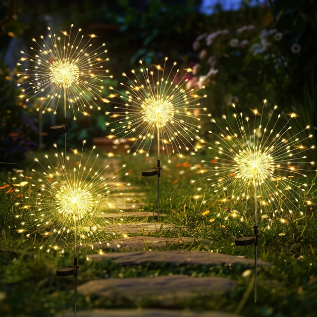 Main image of 4 Pack Solar Firework Lights Outdoor, Garden Decor, Warm White 120 LEDs, Fairy Design, Waterproof, Garden Decor, Solar Powered for Yard, Pathway, Flowerbed, Planter, Balcony, Gifts for Mom
