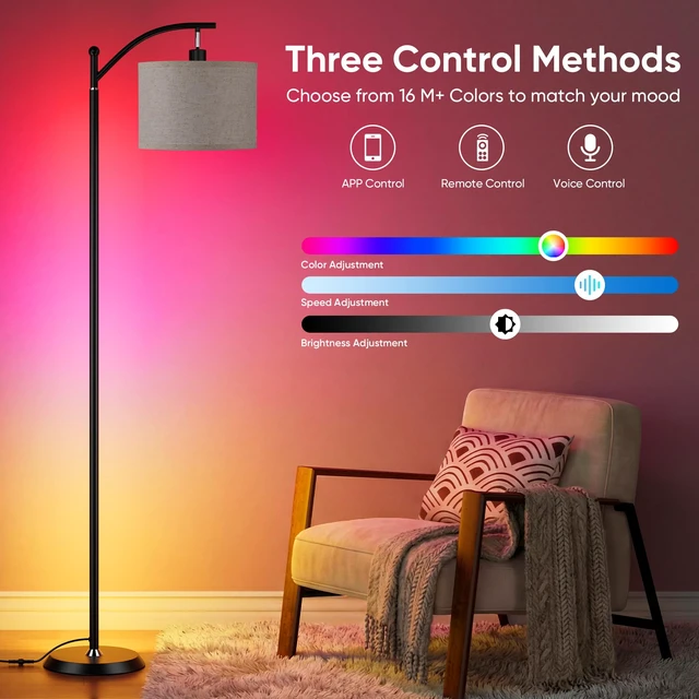 Alt view image 2 of 7 - Smart LED RGBCW Corner Lamp with Linen Lampshade Compatible with Alexa, Color Changing Standing Lamp with 16 Million DIY Colors, Music Sync, Tall lamp for Living Bedroom Room,APP/Voice/Remote Control