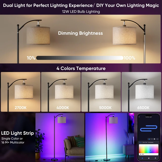 Alt view image 5 of 7 - Smart LED RGBCW Corner Lamp with Linen Lampshade Compatible with Alexa, Color Changing Standing Lamp with 16 Million DIY Colors, Music Sync, Tall lamp for Living Bedroom Room,APP/Voice/Remote Control