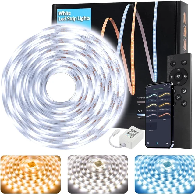 Main image of White LED Strip Lights 30ft (1200 LEDs) Super Bright 25000K Daylight White, 3Color Temperature Dimmable with Smart App & Remote Control for Bedroom Kitchen Commercial Home Lighting Decor