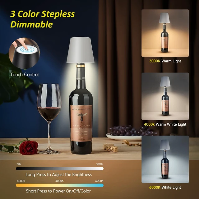 Alt view image 2 of 7 - 2026 New Wireless Bottle Lamp - LED Bottle Lights for Liquor & Wine Bottles Cordless Lampshade, Whiskey Bottle Top Light, Bottle Stopper Night Light Kit, Rechargeable 3-Tone Touch-Dimmable