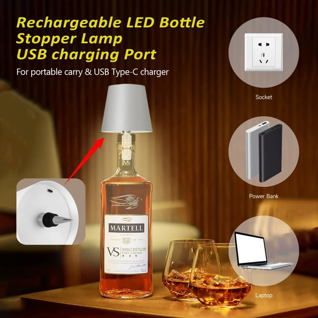 Alt view image 3 of 7 - 2026 New Wireless Bottle Lamp - LED Bottle Lights for Liquor & Wine Bottles Cordless Lampshade, Whiskey Bottle Top Light, Bottle Stopper Night Light Kit, Rechargeable 3-Tone Touch-Dimmable
