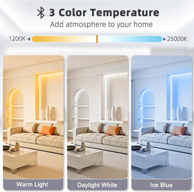 Alt view image 3 of 7 - White LED Strip Lights 30ft (1200 LEDs) Super Bright 25000K Daylight White, 3Color Temperature Dimmable with Smart App & Remote Control for Bedroom Kitchen Commercial Home Lighting Decor