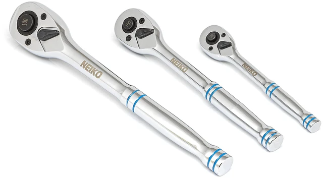 Main image of 03000A 100-Tooth Quick-Release Ratchet-Wrench Set, 1/4-Inch-, 3/8-Inch-, and 1/2-Inch-Drive Ratchets, 3.6-Degree Swing, CrMo Steel, 3-Piece Set
