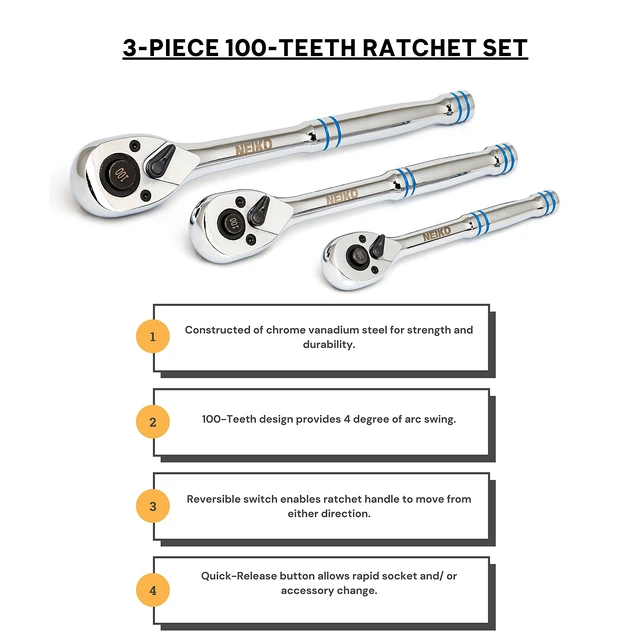 Alt view image 2 of 7 - 03000A 100-Tooth Quick-Release Ratchet-Wrench Set, 1/4-Inch-, 3/8-Inch-, and 1/2-Inch-Drive Ratchets, 3.6-Degree Swing, CrMo Steel, 3-Piece Set