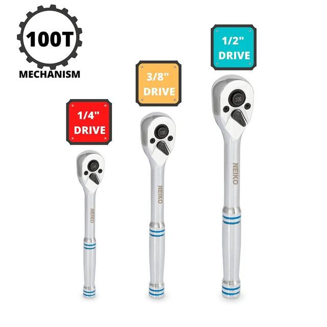 Alt view image 3 of 7 - 03000A 100-Tooth Quick-Release Ratchet-Wrench Set, 1/4-Inch-, 3/8-Inch-, and 1/2-Inch-Drive Ratchets, 3.6-Degree Swing, CrMo Steel, 3-Piece Set
