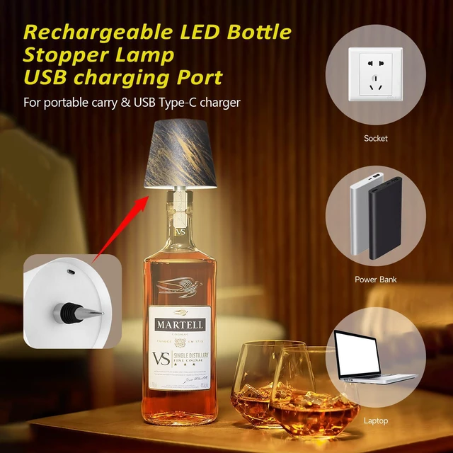 Alt view image 3 of 7 - 2026 New Wireless Bottle Lamp - LED Bottle Lights for Liquor & Wine Bottles Cordless Lampshade, Whiskey Bottle Top Light, Bottle Stopper Night Light Kit, Rechargeable 3-Tone Touch-Dimmable