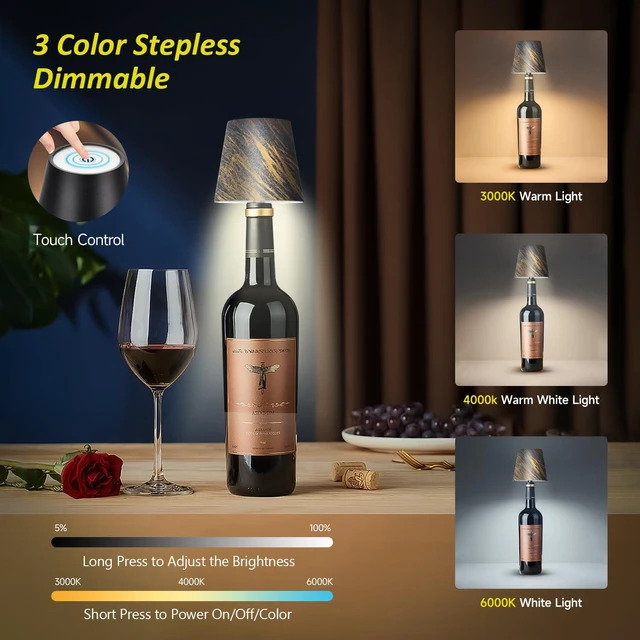 Alt view image 2 of 7 - 2026 New Wireless Bottle Lamp - LED Bottle Lights for Liquor & Wine Bottles Cordless Lampshade, Whiskey Bottle Top Light, Bottle Stopper Night Light Kit, Rechargeable 3-Tone Touch-Dimmable