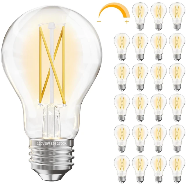 Main image of 24 Pack A19 Vintage LED Edison Bulbs, 60W Equivalent Dimmable LED Bulbs, High Brightness 2700K Warm White, 800 Lumens, 8W E26 Standard Base, CRI80+, Clear Glass Filament Bulb for Living Room