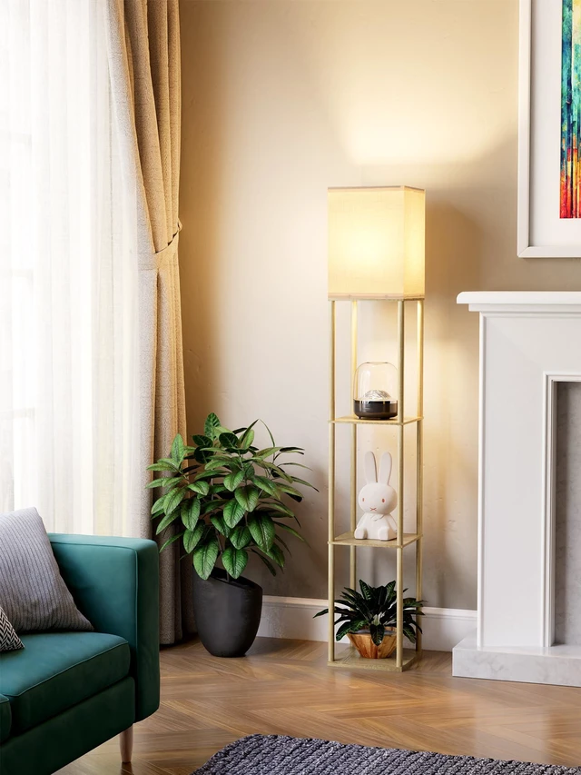 Main image of Floor Lamp with Shelves for Living Room Natural Wood, Shelf Floor Lamp with 3 CCT LED Bulb, Corner Display Standing Column Lamp Etagere Organizer Tower Nightstand with White Linen Shade for Bedroom