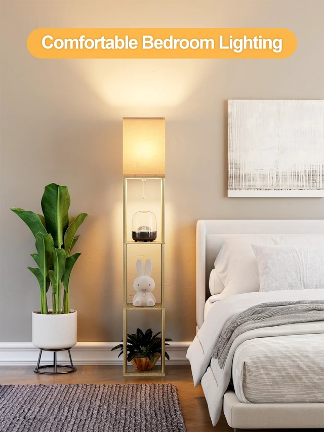 Alt view image 6 of 7 - Floor Lamp with Shelves for Living Room Natural Wood, Shelf Floor Lamp with 3 CCT LED Bulb, Corner Display Standing Column Lamp Etagere Organizer Tower Nightstand with White Linen Shade for Bedroom