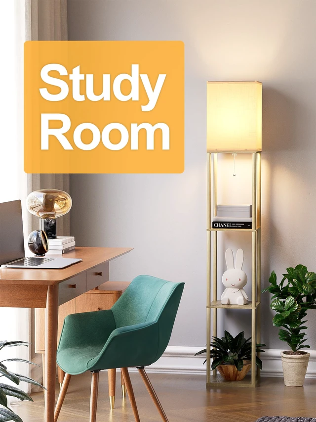 Alt view image 7 of 7 - Floor Lamp with Shelves for Living Room Natural Wood, Shelf Floor Lamp with 3 CCT LED Bulb, Corner Display Standing Column Lamp Etagere Organizer Tower Nightstand with White Linen Shade for Bedroom