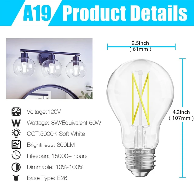 Alt view image 2 of 7 - 12 Pack A19 Vintage LED Edison Bulbs, 60W Equivalent Dimmable LED Bulbs, High Brightness 5000K Daylight, 800 Lumens, 8W E26 Standard Base, Ultra-Bright, CRI80+, Clear Glass Filament Bulb