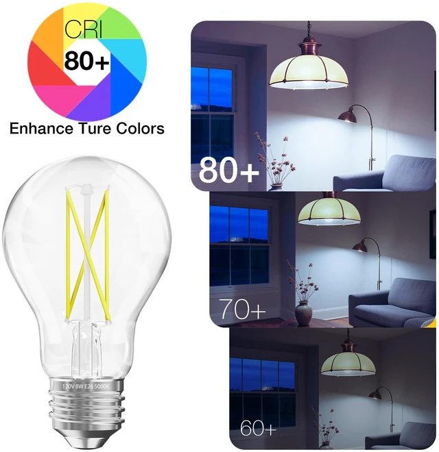 Alt view image 3 of 7 - 12 Pack A19 Vintage LED Edison Bulbs, 60W Equivalent Dimmable LED Bulbs, High Brightness 5000K Daylight, 800 Lumens, 8W E26 Standard Base, Ultra-Bright, CRI80+, Clear Glass Filament Bulb