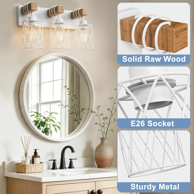 Alt view image 2 of 7 - Farmhouse Bathroom Vanity Light, 3-Light Wood Bathroom Light Fixtures Over Mirror, Matte White Industrial Vanity Lights with Metal Shade, Rustic Restroom Lighting Fixtures