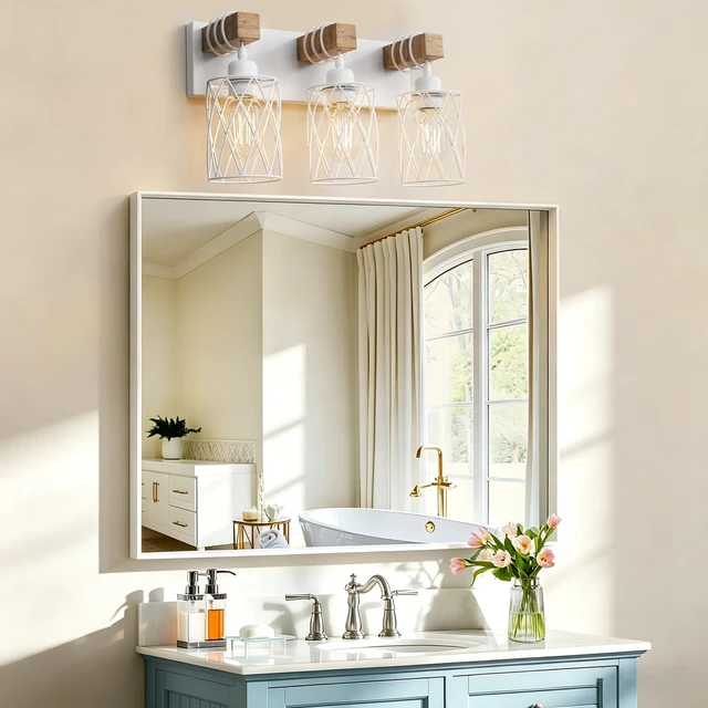 Alt view image 3 of 7 - Farmhouse Bathroom Vanity Light, 3-Light Wood Bathroom Light Fixtures Over Mirror, Matte White Industrial Vanity Lights with Metal Shade, Rustic Restroom Lighting Fixtures