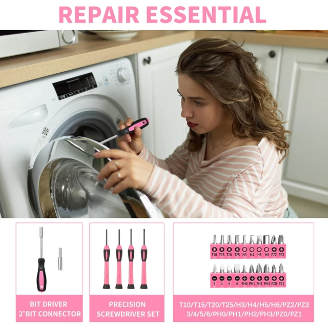 Alt view image 4 of 7 - 39-Piece Household Tool Set, Pink Tool Kit for Women with Toolbox All Purpose Basic Household Tool Set for Women, Small Tool Kit with Toolbox, for Home, Garage, Office, College Dormitory Use