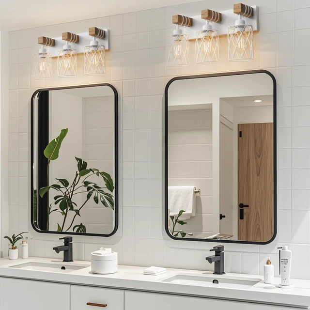 Alt view image 5 of 7 - Farmhouse Bathroom Vanity Light, 3-Light Wood Bathroom Light Fixtures Over Mirror, Matte White Industrial Vanity Lights with Metal Shade, Rustic Restroom Lighting Fixtures