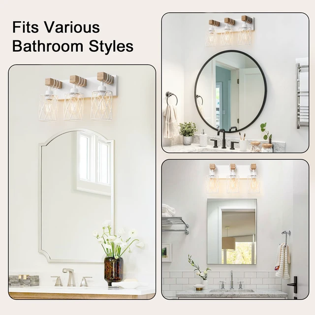 Alt view image 7 of 7 - Farmhouse Bathroom Vanity Light, 3-Light Wood Bathroom Light Fixtures Over Mirror, Matte White Industrial Vanity Lights with Metal Shade, Rustic Restroom Lighting Fixtures