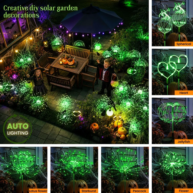 Alt view image 2 of 7 - 4 Pack Solar Firework Lights Outdoor, Halloween Decor, Green 120 LEDs, Fairy Design, Waterproof, Garden Decor, Solar Powered for Yard, Pathway, Flowerbed, Planter, Balcony, Gifts for Mom