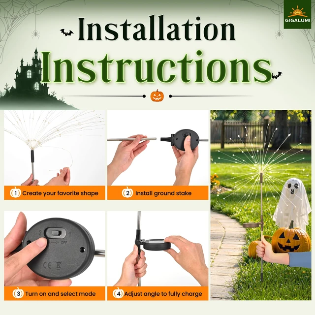 Alt view image 7 of 7 - 4 Pack Solar Firework Lights Outdoor, Halloween Decor, Green 120 LEDs, Fairy Design, Waterproof, Garden Decor, Solar Powered for Yard, Pathway, Flowerbed, Planter, Balcony, Gifts for Mom