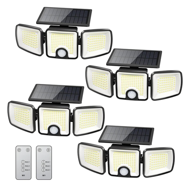 Main image of 4 Pack Solar Flood Outdoor Lights with Motion Sensor 3 Modes 2500LM 223 LED Solar Outdoor Lights, 3 Head 270° Wide Angle Street Area IP65 Waterproof Security Wall Lights with Remote