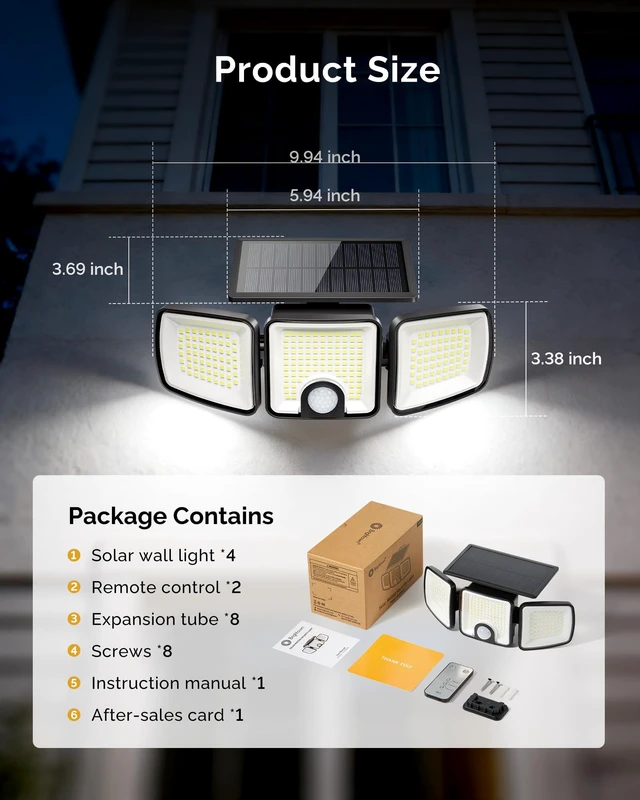 Alt view image 7 of 7 - 4 Pack Solar Flood Outdoor Lights with Motion Sensor 3 Modes 2500LM 223 LED Solar Outdoor Lights, 3 Head 270° Wide Angle Street Area IP65 Waterproof Security Wall Lights with Remote