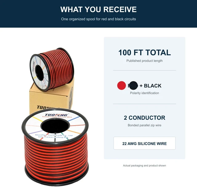 Alt view image 2 of 7 - 22 AWG Silicone Wire, 100ft 2 Conductor Red Black, Tinned Copper Parallel Wire