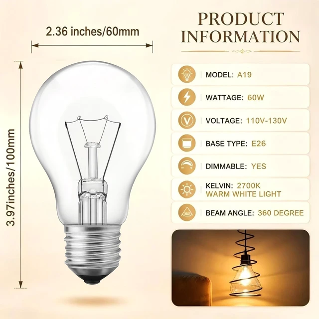 Alt view image 2 of 7 - 6-Pack 60 Watt Incandescent Light Bulbs, A19 E26 Incandescent Bulb Dimmable 2780K Warm White Light, Shatter-Resistant and Durable Bulb