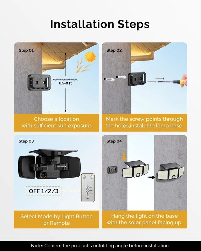 Alt view image 6 of 7 - 4 Pack Solar Flood Outdoor Lights with Motion Sensor 3 Modes 2500LM 223 LED Solar Outdoor Lights, 3 Head 270° Wide Angle Street Area IP65 Waterproof Security Wall Lights with Remote