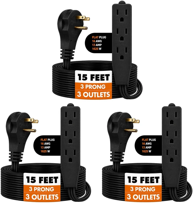 Main image of Flat Plug Extension Cord 15 FT Black 3 Outlet 3 Prong Grounded Indoor Extension Cord Low Profile Wall Hugger Angled Plug 16/3 Heavy Duty Power Cord 13A 125V for Office Dorm (3 Pack)